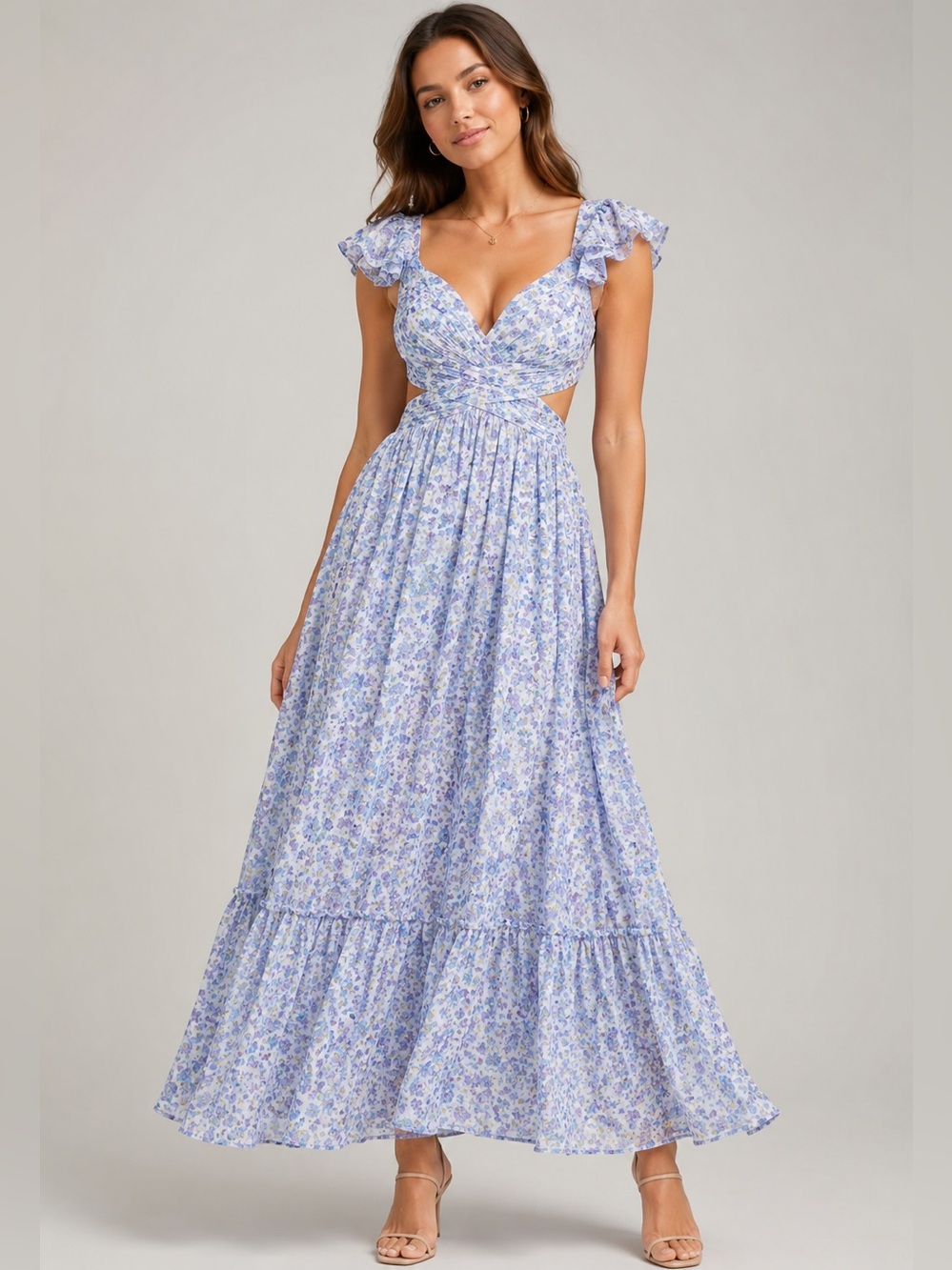 ASTR Primrose Blue Purple Floral Maxi Dress M Lace Up Back Cutout
